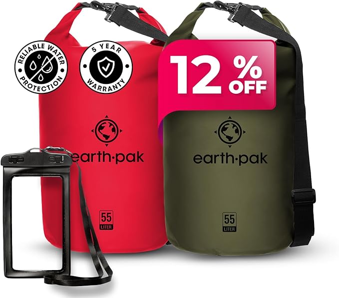 Earth Pak Waterproof Dry Bag - Roll Top Waterproof Backpack Sack Red 55L &amp Forest Green 55L