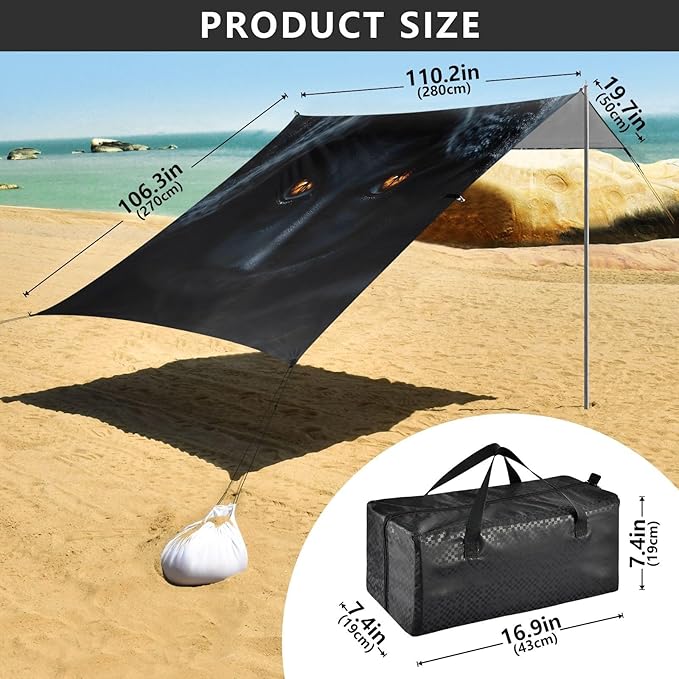 Devil Eyes Black Beach Tent Sun Shelter Set UPF50+ UV Protection 10.5 x 9.19 FT Camping Shade Canopy with Sandbags Sand Anchors Carrying Bag and Others