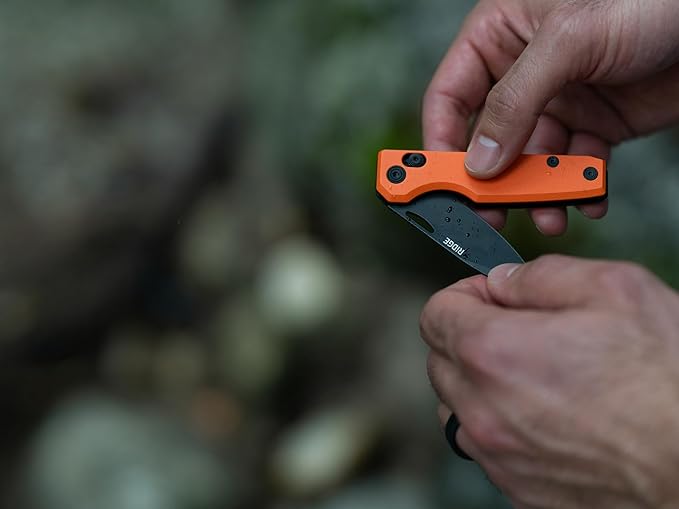 Ridge Everyday Folder Knife - Premium EDC Pocket Knife Sandvik 14C28N Steel Drop Point Blade with Black DLC Finish Ceramic Bearings Deep Carry Clip &amp Multipurpose Design (Basecamp Orange)