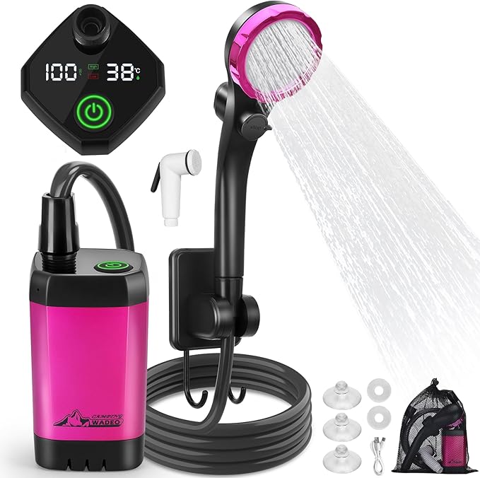 WADEO Portable Shower for Camping 6000mAh Outdoor Electric Shower Rechargeable Pump with Intelligent Digital Display Camping Shower Head Nozzle for Camping Hiking Traveling Washing