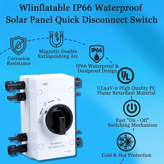 IP66 Waterproof Solar PV DC Quick Disconnect Switch 1000V 32A PV Solar Panel Disconnect Switch with Connector for Off/On-Grid System Solar Power System RV &amp Boats Etc (32A 1000V)