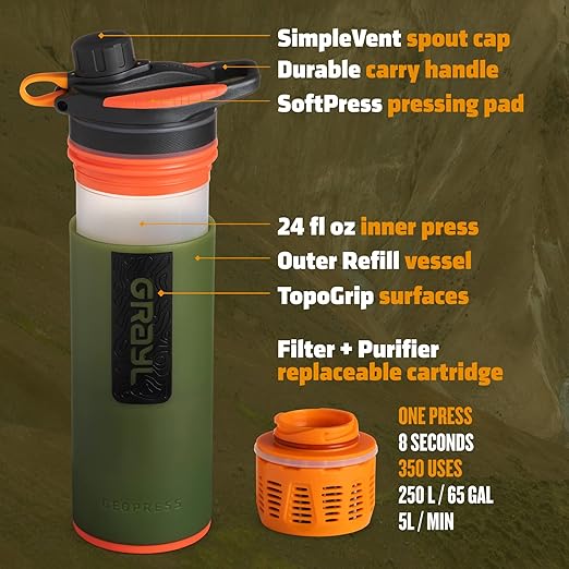 GRAYL GeoPress 24 oz Water Purifier Bottle - Filter for Hiking Camping Survival Travel (Oasis Green)