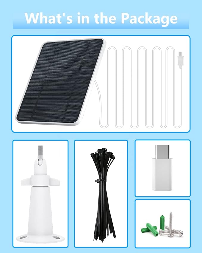 Solar Panel for Security Camera 5W Solar Panel Charger Compatible with Eufycam 3/3C/2/2 Pro/2C/2C Pro/E/E20/E40/L20/L40/Solo/SoloCam Spotlight Micro USB&ampUSB-C Port IP65 Waterproof 10ft Cable 2