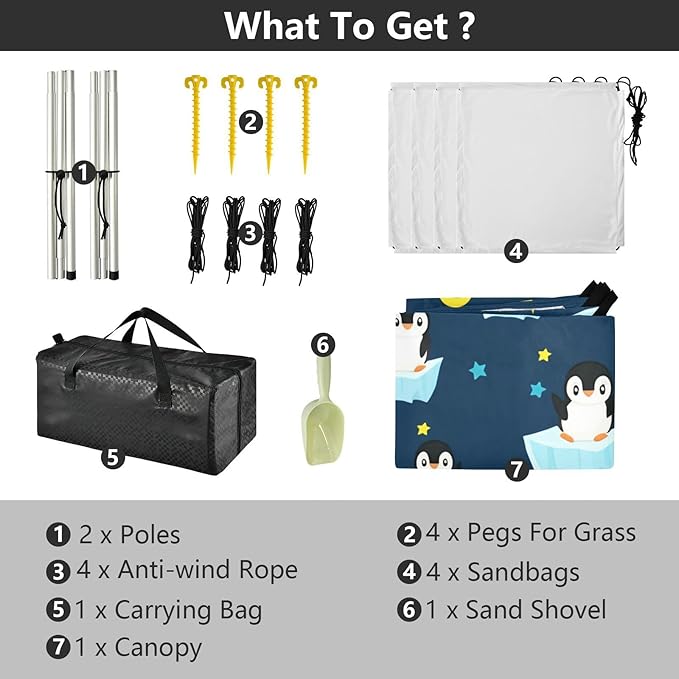 Beach Canopy with Windproof Ropes &amp Sandbags Beach Tent Sun Shade Sun Shelter for Camping Trips Fishing Backyard Fun or Picnics Penguins