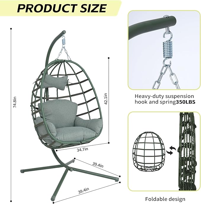 Hanging Egg Chair with Stand Outdoor Indoor Patio Rattan Swing Hammock Chairs with Washable Cushion 350lbs Capacity PE Wicker Swing Chair for Backyard Bedroom Garden (Dark Green + Dark Green Cushion)