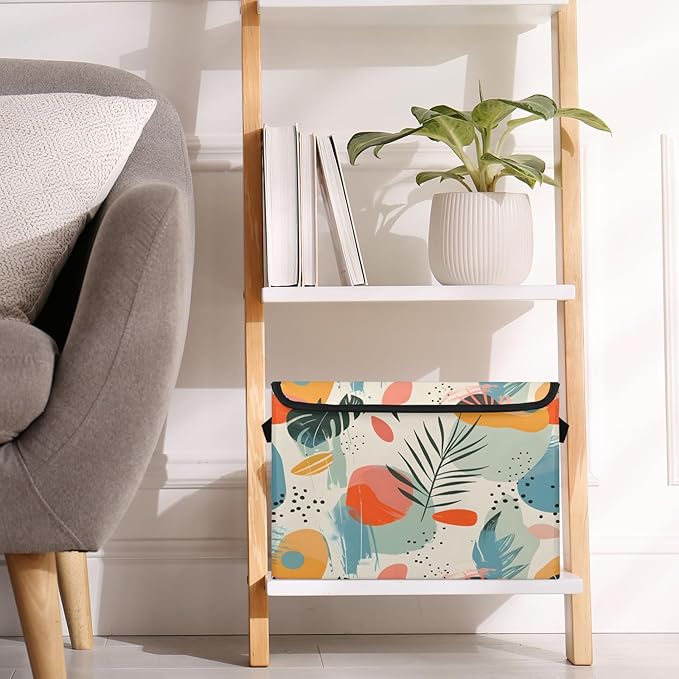 Boho Leaf Storage Bins with Lids Mid Century Foldable Storage Boxes with Carrying Handle Organizer Containers Baskets Cube for Home Bedroom Closet