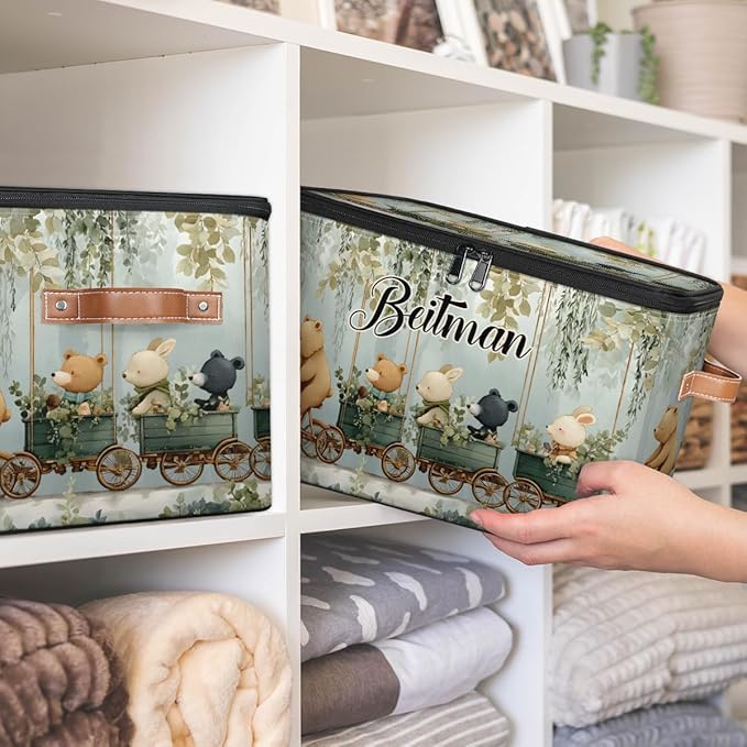 Storage-Bins with Lids Handle Customized Stackable-Storage-Bin for Kids-Boys-Girls-Toys Cube Collapsibl Basket Animals Bear
