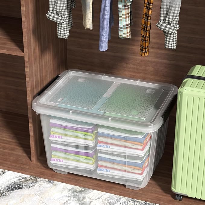 50 L 4 Packs Plastic Storage Box with Latching Lid and Wheels Clear Storage Container Bins
