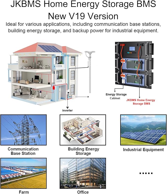 JKBMS Inverter BMS 8S-16S 24V-48V 150A – V19 Home Energy Storage BMS with UART Port 2A Active Balance Built-in Bluetooth RS485 &amp CAN for Solar System (JK-PB2A16S15P V19)