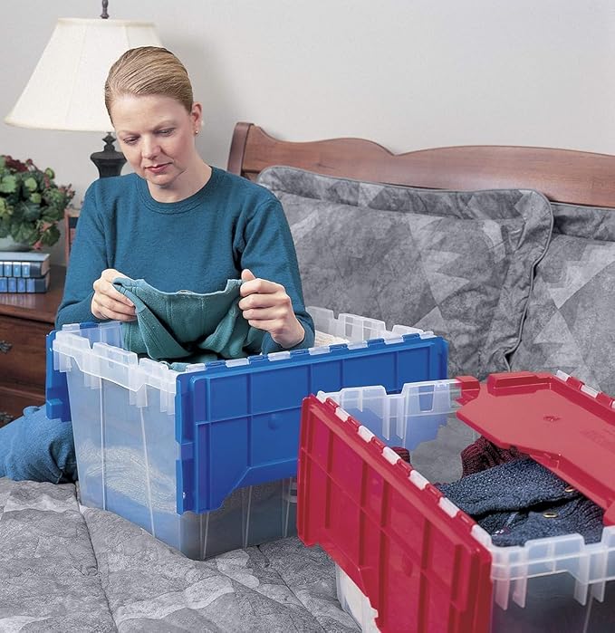 Akro-Mils KeepBox 12 Gallon Storage Container Nesting and Stackable Plastic Storage Box with Lid Attached Clear Tote for Garages Closets and Moving 21-1/2 x 15 x 12-1/2 Clear/Red