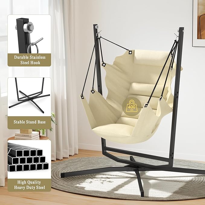360° Swivel Hammock Swing Chair with Stand - Comfortable Hanging Chair with Cushions (400 lbs Capacity) for Indoor/Outdoor Use - Perfect for Bedroom Patio Porch Deck Garden Balcony