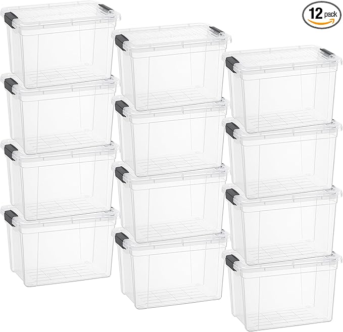 Superio Small Clear Storage Boxes with Lids Plastic Container Bins for Organizing Stackable Crates BPA Free Non Toxic Odor Free Organizers for Home Office and Dorm (4.75 Quart 12 Pack)