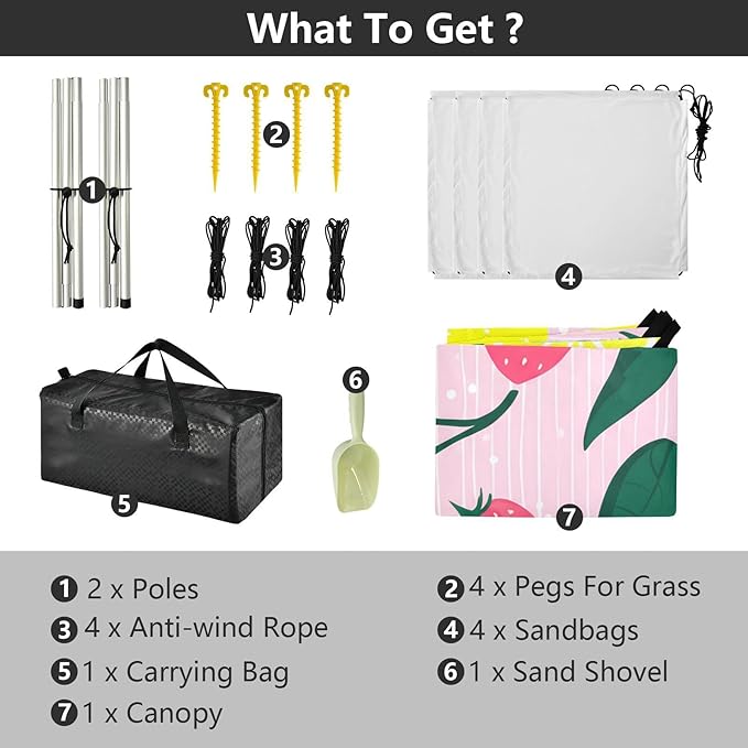 Beach Canopy with Windproof Ropes &amp Sandbags Beach Tent Sun Shade Sun Shelter for Camping Trips Fishing Backyard Fun or Picnics Lemon and Strawberry