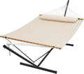 SUPERJARE Hammock with Stand 2 Person Quilted Outdoor Hammock Detachable Pillow &amp Bamboo Spreaders Portable Hammock with Carrying Bag Heavy Duty Stand Perfect for Outside Patio Cream Beige