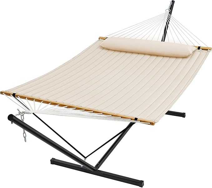 SUPERJARE Hammock with Stand 2 Person Quilted Outdoor Hammock Detachable Pillow &amp Bamboo Spreaders Portable Hammock with Carrying Bag Heavy Duty Stand Perfect for Outside Patio Cream Beige