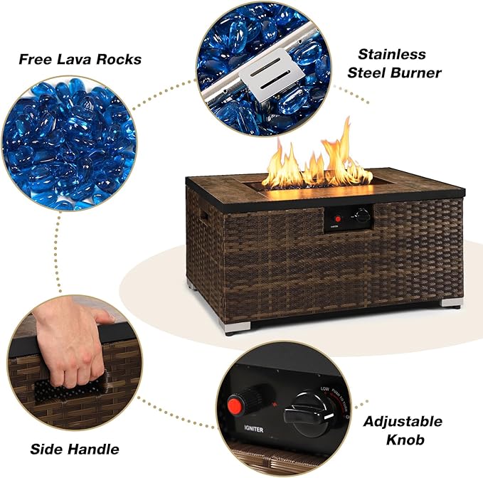 2-Piece Rattan Wicker Propane Fire Pit Table w/Tank Holder Handmade 32-inch Gas Fire Pits for Outside Patio Ceramic Tabletop with Steel Lid Lava Rocks 40000 BTU Rectangle (Brown)