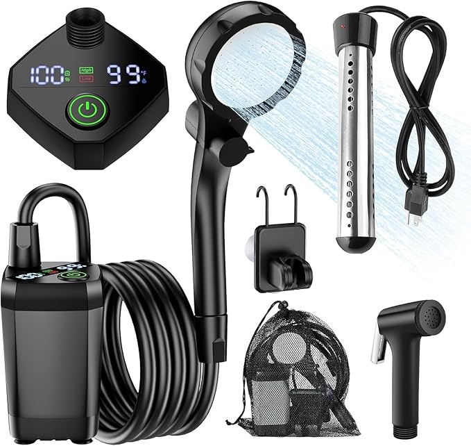 InkTrail Portable Camping Shower with Heater Long-Lasting 6000mAh Rechargeable Camping Shower with Sprayer Head4 Spray ModesIPX7 Waterproof Outdoor Camp Pump for Hiking Travel Car Pet