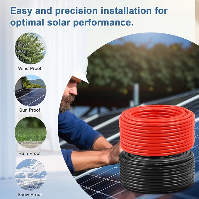 Solar Panel Wire 8 AWG(10mm²) - Solar Extension Cable 150Ft Black &amp 150Ft Red 8 Gauge Tinned Copper PV Wire for Outdoor Automotive RV Solar Panel Boat Marine (Black+Red)
