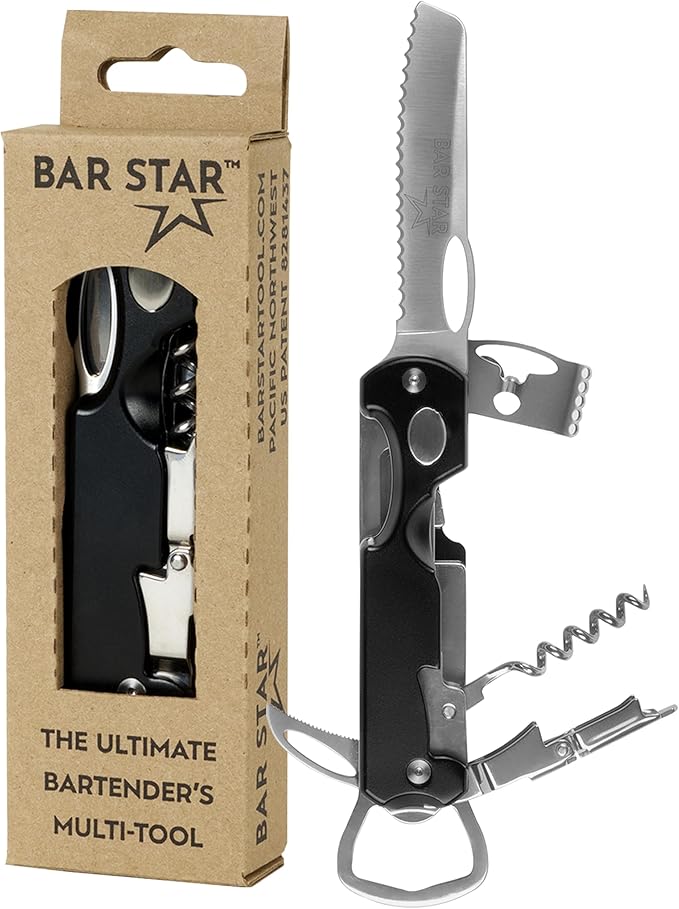 Bartender's All-in-One Bar Tool Set: Corkscrew Zester Citrus Knife and Bottle Opener Kit with Magnet for Picnics Tailgating BBQs Camping Travel Beach Parties and Bartending Black