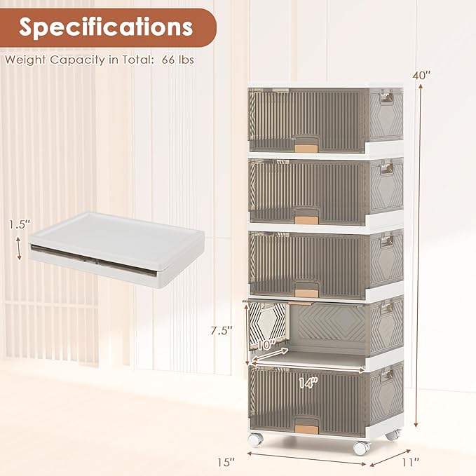 Giantex 5 Tier Stackable Storage Bins with Lids 22.5 Gal Foldable Shoe Storage Box with Detachable Wheels &amp Flip-Up Doors Collapsible Closet Organizers and Storage Bins