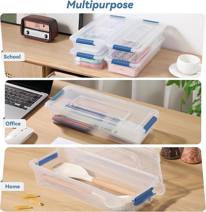 Clear Plastic Storage Bins with Lids Stackable Storage Box for Crafts Supplies (Small 8Pack Blue)