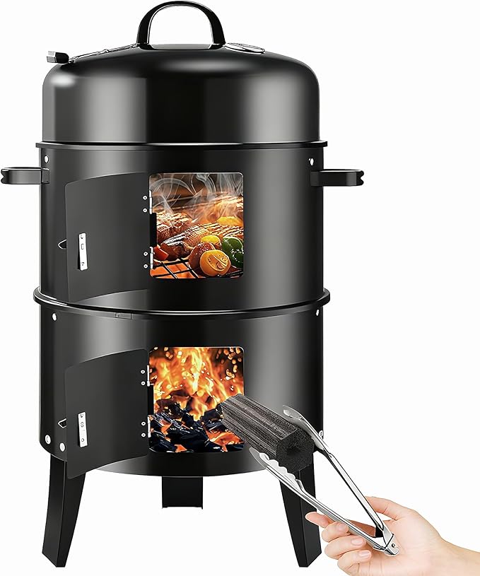 Vertical 19Inch Round Charcoal Smoker GrillHeavy-Duty BBQ Smoker for Outdoor Smoking Multi-Layer Pellet Ideal for Meats-Offset Charcoal Grill with HookThermometerBlack