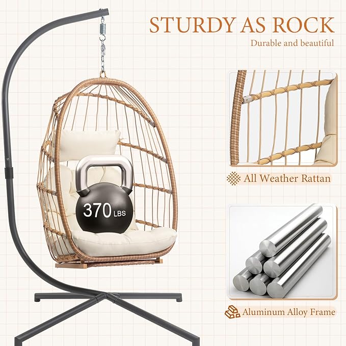Hanging Egg Chair with Stand and Footrest for Indoor Outdoor - Patio Swing Egg Chairs Wicker Hammock Chair Bedroom Aluminum Steel Frame and UV Resistant Cushion 370LBS Capacity for Kids Adults Beige