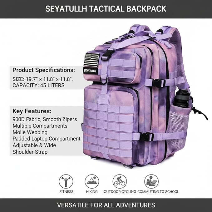 45L Military Tactical Backpack for Men &amp Women Bug Out Bag Assault pack Molle Daypack Hiking Trekking Rucksack (2.0 side pockets (cloud purple))