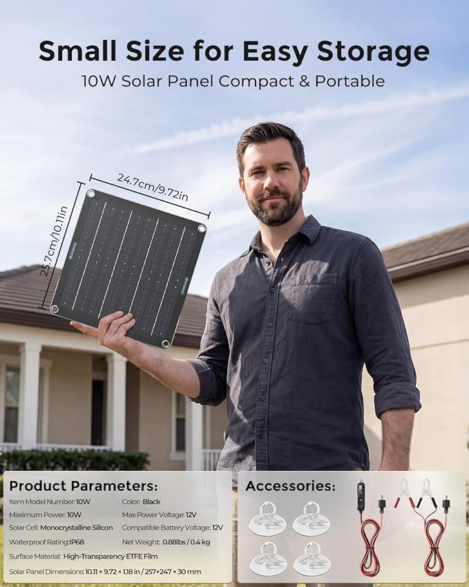10W Solar Battery Charger Maintainer 12V Waterproof Smart Solar Trickle Charger with Indicator Lights No Overcharge &amp Reverse Protection for Car Truck Boat RV Motorcycle Battery Storage