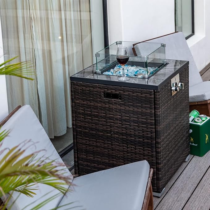 24in Outdoor Propane Gas Fire Pit Table 40000 BTU Auto-Ignition Gas Firepit with Glass Wind Guard Marble Tile Tabletop Mixed Color Glass Rocks Brown PE Rattan