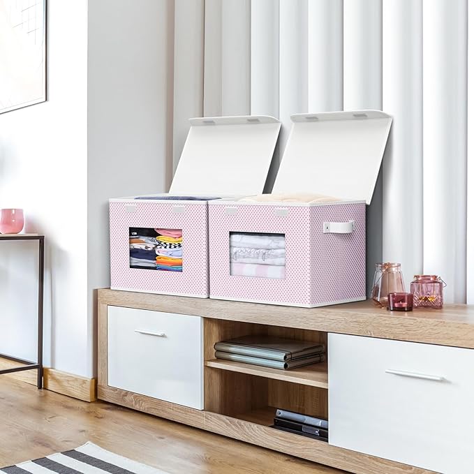 Univivi Fabric Foldable Storage Boxes [4-Pack] Large Collapsible Stackable Storage Bins with Lids Closet Organizers and Storage Cube Basket for Home Office Bedroom (Pink 17”x 12” x 12”)