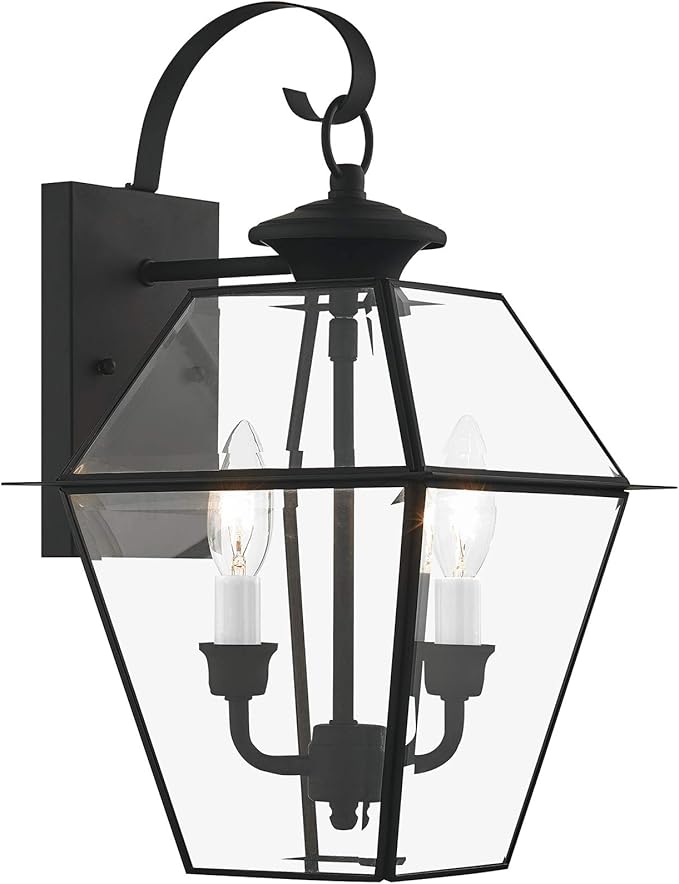 Livex Lighting 2281-04 Westover 2 Light Outdoor Black Finish Solid Brass Wall Lantern with Clear Beveled Glass