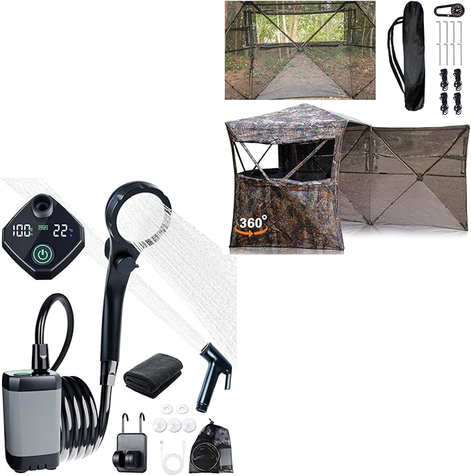 360° Hunting Blind &amp Portable Shower Combo–Ultimate Wilderness Survival Kit for Camping Hunting Expeditions|All-in-One OutdoorGear Bundle (360Hunting Blind for Turkey Hunting+6000mAh Portable Sho