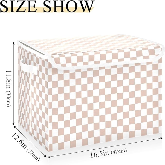 White Grey Pink Checkerboard Storage Baskets Lidded Bin Foldable Storage Boxes Cubes Lids with 2 Handles for Organizing Closet Home Office