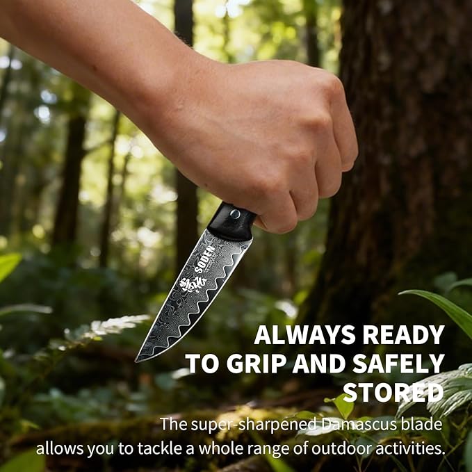 SODEN Damascus Camping Knife VG-10 Core Full Tang Fixed Blade for Survival &amp Outdoor Hunting | Ergonomic Rosewood Handle | Premium Knife Tool