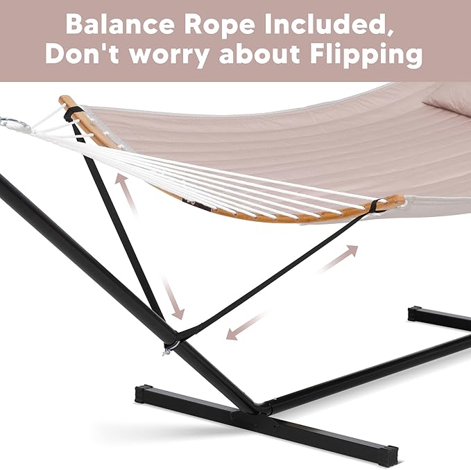 SUNCREAT 55 Inch Large Double Hammock with Stand 450lbs Capacity Outdoor Portable Hammock with Curved Spreader Bar Extra Large Pillow Tan