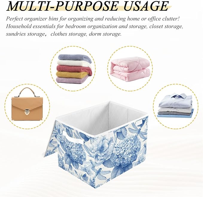 Collapsible Storage Bins with Lids Decorative Fabric Storage Cubes Closet Organizer and Storage Basket Boxes Containers for Clothes Box Chest Folding Rectangle Blue Hydrangeas Butterf