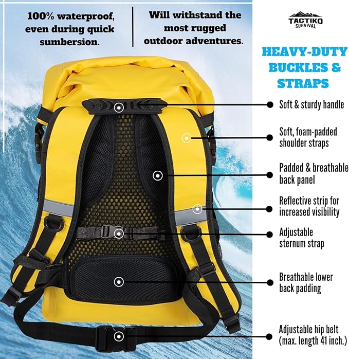 Tactiko 30L Heavy-Duty 100% Waterproof Backpack - Dry Roll-Top Floating Backpack - Rip-Stop Tarpaulin - Comfortable Padded Shoulders &amp Back - Waist Strap - Large Utility Pocket Carabiner (Yellow)