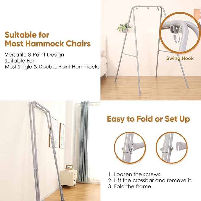 Foldable Hammock Stand Portable Hammock Chair Stand 300 lbs Capacity Heavy Duty Folding Hammock Frame for Indoor or Outdoor Easy to Assemble &amp Store (Hammock Chair not Included) - Gray