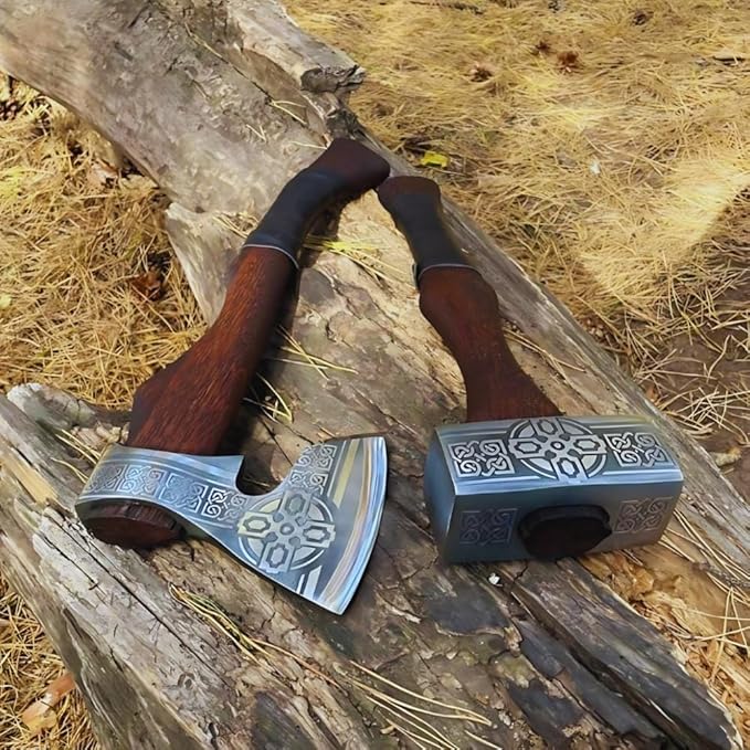 2pcs Ultimate Handmade Viking Axe &amp Hammer Set Viking Collectibles Viking Battle Axe with Handmade Leather Sheath and Hand Forged Viking Hammer Viking Bearded Axe with Viking Hammer Gift for M