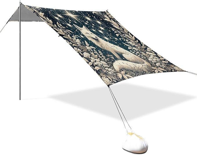 Golden Dreamy Galaxy Fox Beach Tent Sun Shelter Set UPF50+ UV Protection 10.5 x 9.19 FT Camping Shade Canopy with Sandbags Sand Anchors Carrying Bag and Others