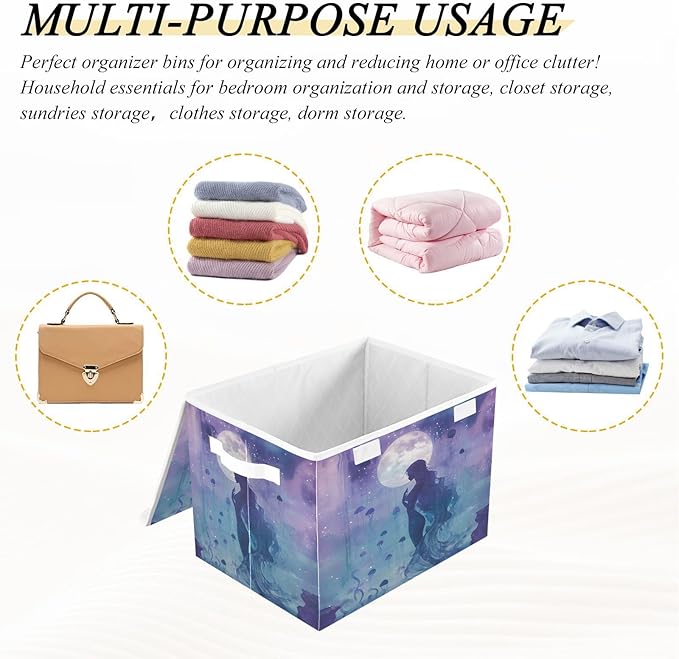 MNSRUU Containers Baskets with Lids Jellyfish Mermaid Moon Fabric Foldable Storage Bins Organizer with Lid Collapsible Storage Boxes for Home Bedroom Closet Office