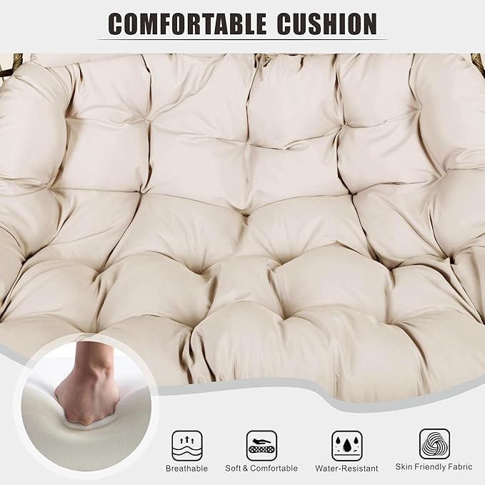 Double Hanging Egg Chair wth Stand Patio Hammock Swing Chair with Cushion Loveseat for Bedroom Balcony Garden Indoor Outdoor Beige