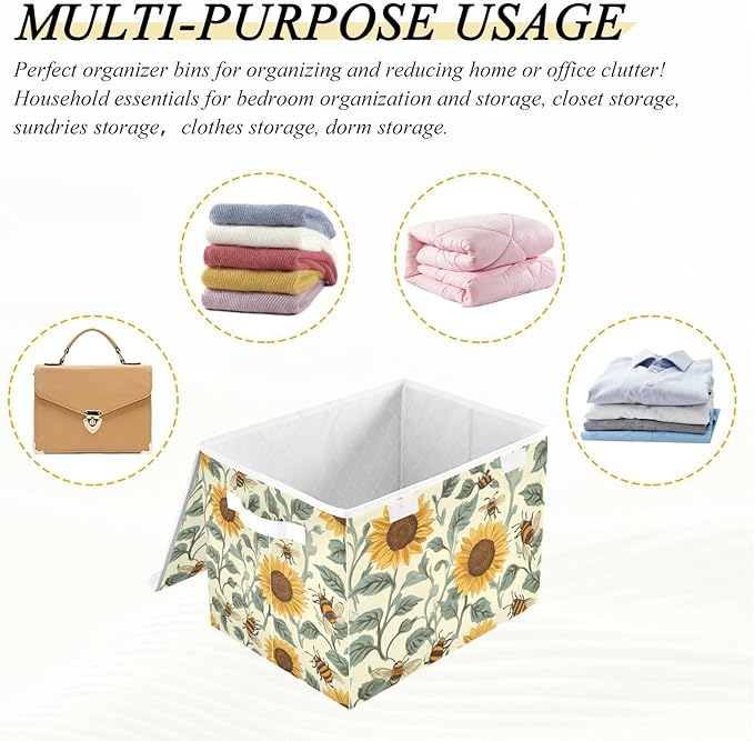 Collapsible Storage Bins with Lids Decorative Fabric Storage Cubes Closet Organizer and Storage Basket Boxes Containers for Clothes Box Chest Nursery Folding Rectangle Beige Bees Sunflower