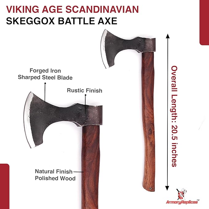Armory Replicas™ Viking Skeggøx Bearded Battle Axe – Carbon Steel Blackened Blade with Sheesham Wood Handle 20.5