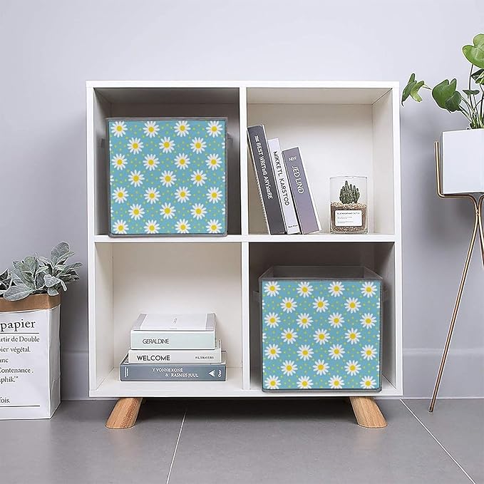 Practical Folding Storage Bins Daisy Flowers Sturdy Container for Wardrobe Kitchen Simplistic Storage Solution