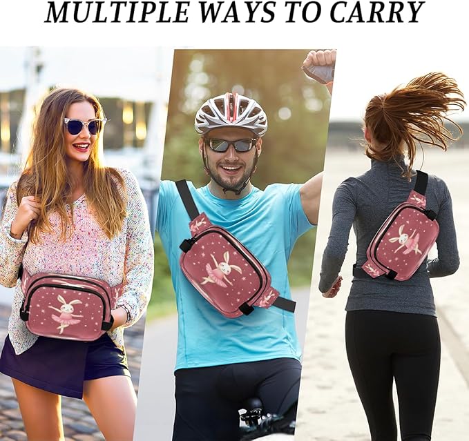 Rabbit Ballet Waterproof Fanny Pack for Women Men Adjustable Waist Bag with Double Zipper Pockets Lightweight Square Hip Pack for Running Travel Hiking Workout Cycling