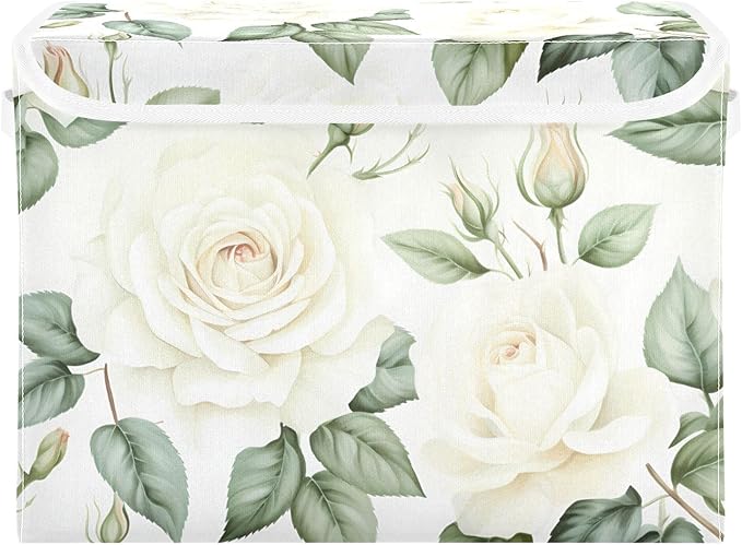 Flower Baskets Collapsible Storage Bins with Lids White Rose Flower Storage Boxes Clothes Baskets for Organizing