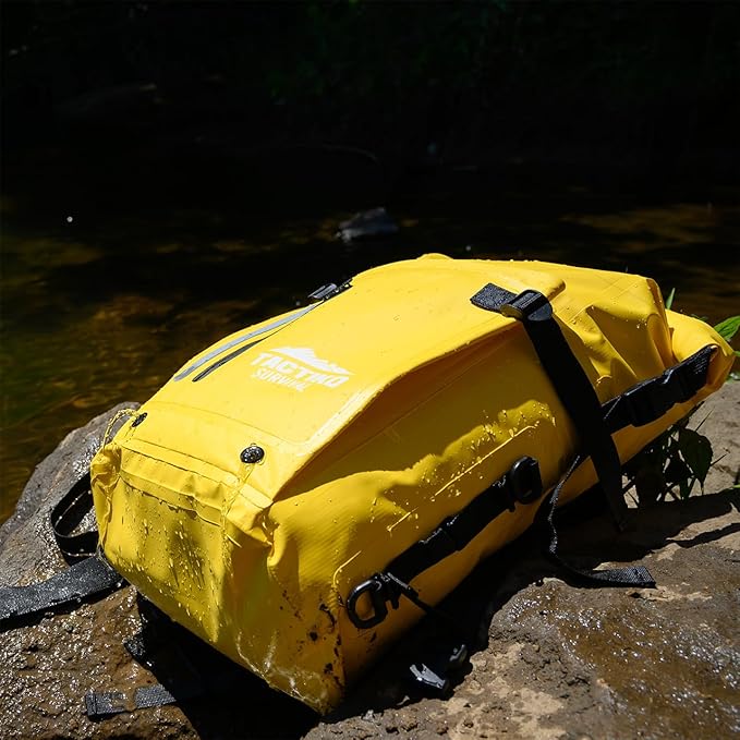 Tactiko 30L Heavy-Duty 100% Waterproof Backpack - Dry Roll-Top Floating Backpack - Rip-Stop Tarpaulin - Comfortable Padded Shoulders &amp Back - Waist Strap - Large Utility Pocket Carabiner (Yellow)