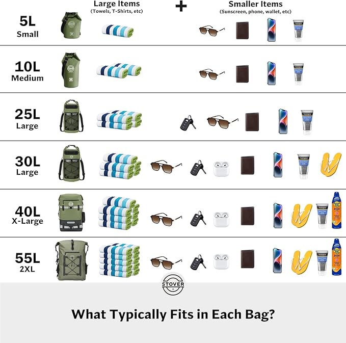STOVER 5/10/25/30/40/55L Waterproof Dry Bag- Roll-Top Backpack w/Phone Case- Kayaking Hiking Camping Boating- Men/Women
